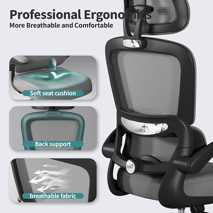 TRALT Office Chair Ergonomic Desk Chair - Gaming Chair with Lumbar Support (1,Dark Grey) | 330 LBS Home Office Desk Chairs with Headrest, Reading Chair with Flip-up Armrests, Comfortable Computer Chairs (1, Grey) - Image 3