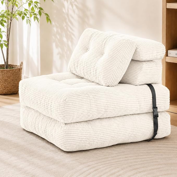 King Oasis Folding Sofa Bed, Corduroy Chair Bed with Pillows | 3-in-1 Fold Out Floor Sofa Couch with Headrest and Lumbar Pillows，for Living Room, Bedroom, Apartment, Dorm, Beige by Unknown