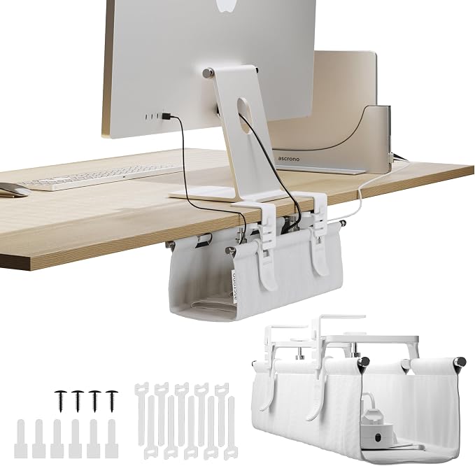 Ascrono Original No Drill Under Desk Cable Management Tray 14.1" - Premium White Fabric Cable Management Under Desk - Clamp/Screw Mount Cord Organizer - Supports Upto 66lbs by Ascrono