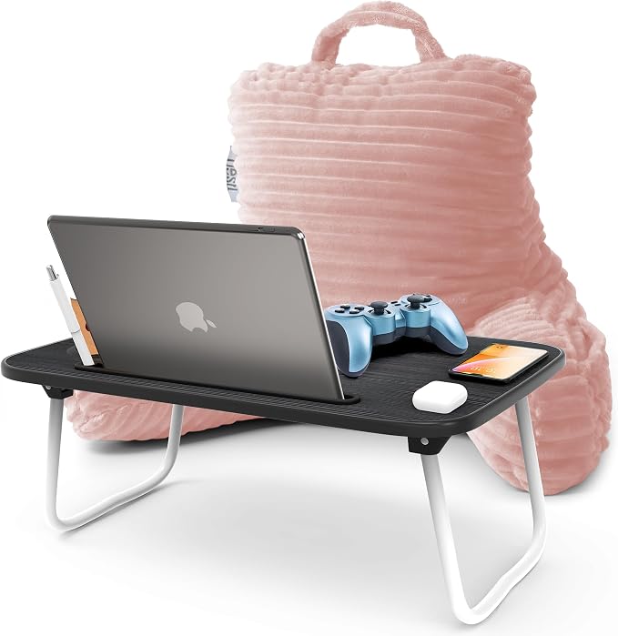 Nestl Peach Beige Reading Pillow with Bed Desk for Laptop and Writing, Luxe Cut Plush Back Pillow for Sitting Up, Back and Arms Adjustable Support for Kids and Teens, Foldable Lap Desk for Bed 19x11” by Nestl