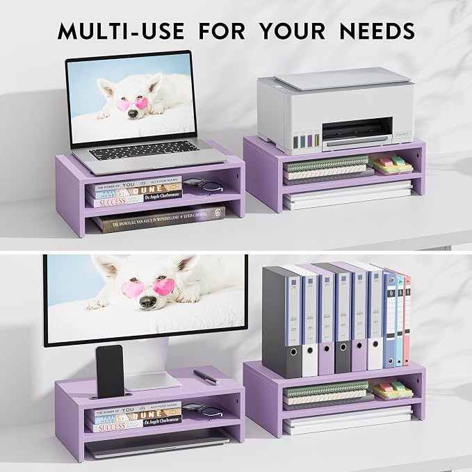 BONTEC Wooden Monitor Stand Riser for Desk, 2-Tier Computer Monitor Stand | 66 lbs Desk Shelf Organizer with Storage, Laptop & Printer Stand with Phone Holder and Cable Management, Purple, 16.5 Inch - Image 4