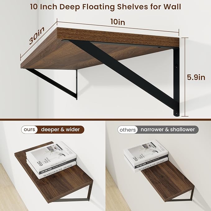 Axeman 30 Inch Floating Shelves, 10 Inch Deep Walnut Wall Shelves Set of 2 - Image 3