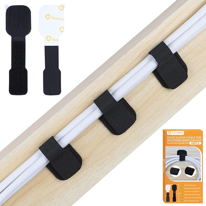 SummerBrite 40-Pack Self Adhesive Cable Straps, Heavy Duty Hook & Loop Ties with Strong Sticky Backing, Reusable Under Desk Cable Management Wire Organizers for Home Office PC, Black by Summerbrite