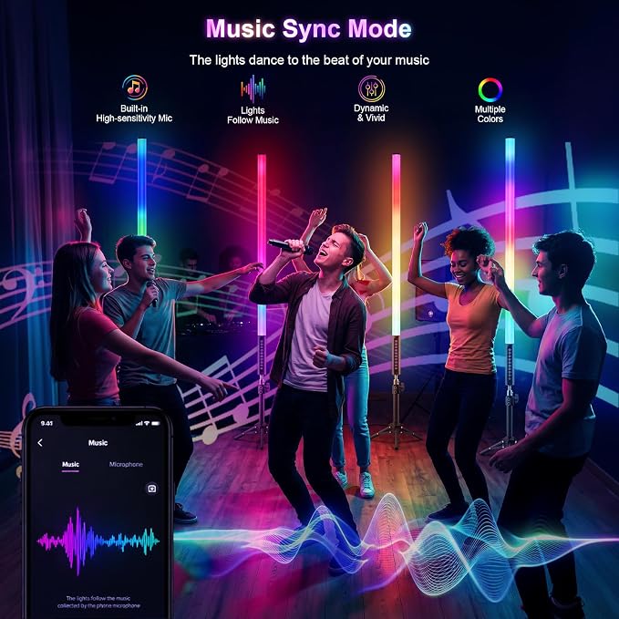 4 Pack RGB Tube Lights with Tripod Stand, 4FT LED Video Light Bar, Music Sync, 5200mAh Rechargeable Battery, App & Remote Control, Dimmable RGB Photography Lighting for Streaming, DJ, Party - Image 2