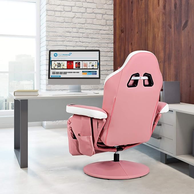 POWERSTONE Gaming Recliner, PU Massage Gaming Chair with Footrest, Cup Holder, Headrest and Side Pouch, Adjustable Single Sofa Living Room Chair(Pink) - Image 7