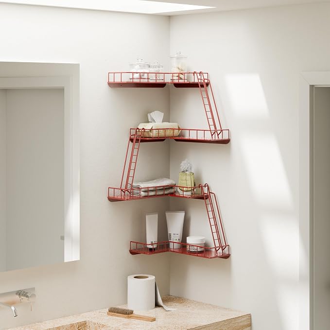 Fire Escape Wall Shelf - Modern City Style 4-Tier Corner Wall Shelves, Easy to Install Metal Ladder Shelf for Figures, New York Decorative Shelves for Bathroom, Living Room & Home Decor, Red - Image 6