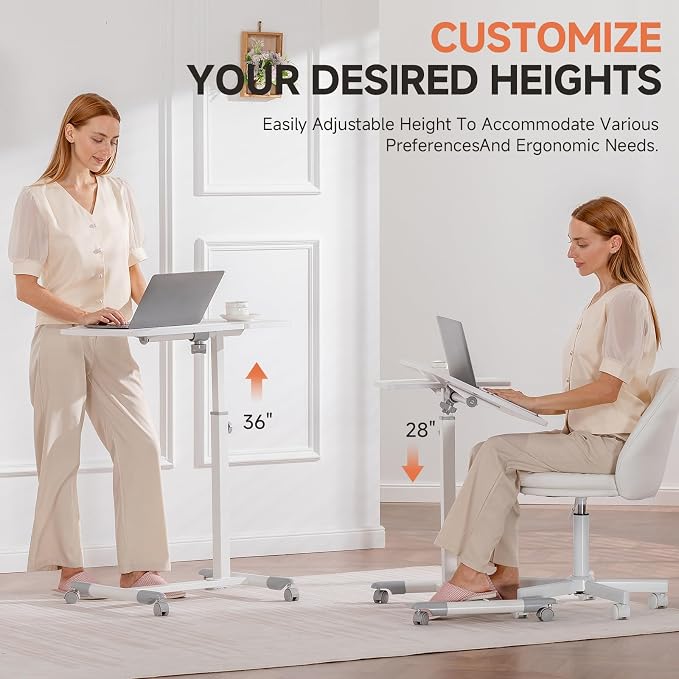 GTPLAYER Small Standing Desk, 28 Inches Tiltable Mobile Rolling Laptop PC Table with Lockable Casters, Adjustable Height Overbed Bedside Table Computer Workstation for Home Office, White-Tiltable - Image 4