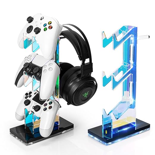 OAPRIRE RGB Controller and Headset Stand with 21 Light Modes, 3 Tier | Acrylic Game Controller Stand for Desk, Stabilized Base, Gamer Gift for PS5 PS4 Xbox Controllers, Desk Accessories, Black by OAPRIRE