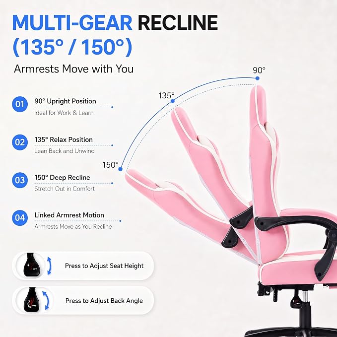 Desk Computer Gaming Chair - High Back Ergonomic Office Chair with Footrest and Lumbar Support, Swivel Comfy Home Gamer Video Game Chairs with Pocket Spring Cushion for Adults (Pink Leather) - Image 7