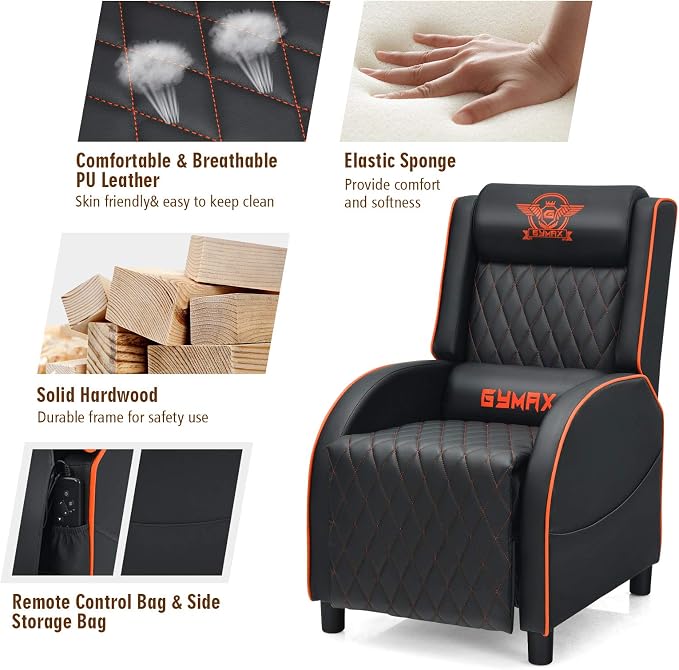 GYMAX Massage Gaming Recliner Chair, Ergonomic Racing Style Single Sofa with Adjustable Headrest, Backrest & Footrest, Home Theater Sofa for Living Room Office (Orange) - Image 6
