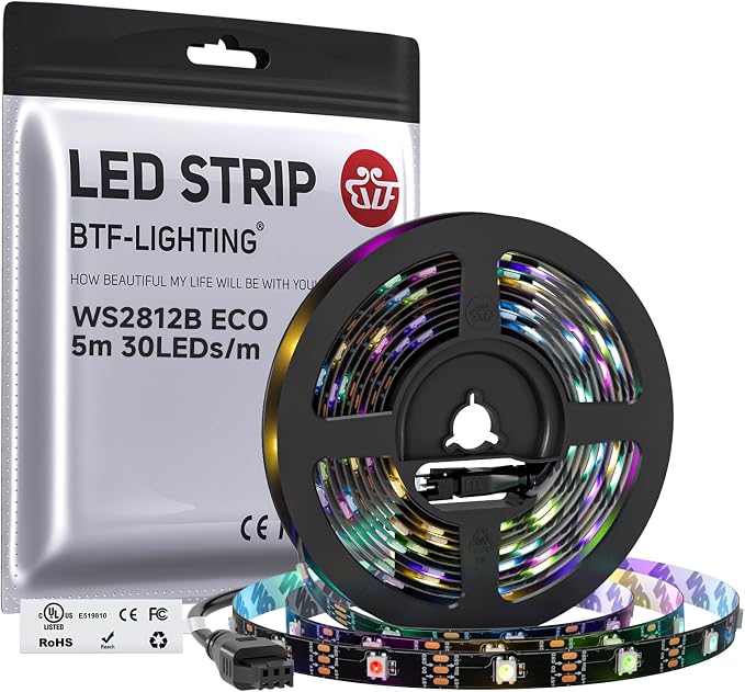 BTF-LIGHTING WS2812B ECO RGB LED Strip,UL Listed,Individually Addressable,16.4FT 30LED/m 150Pixel DC5V 5050SMD,Alloy Wire Flexible 3M Tape for DIY Chasing Color Project IP30(No Adapter or Controller) by BTF-LIGHTING