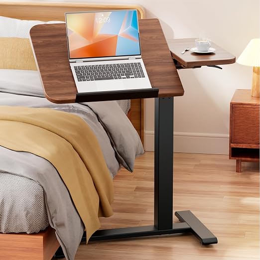 GTPLAYER Overbed Bedside Table with Wheels,Tiltable Hospital Bed Table Over The Bed, Pneumatic Adjustable Rolling Laptop Desk, Mobile Standing Desk for Hospital and Home Use (Walnut) by GTPLAYER