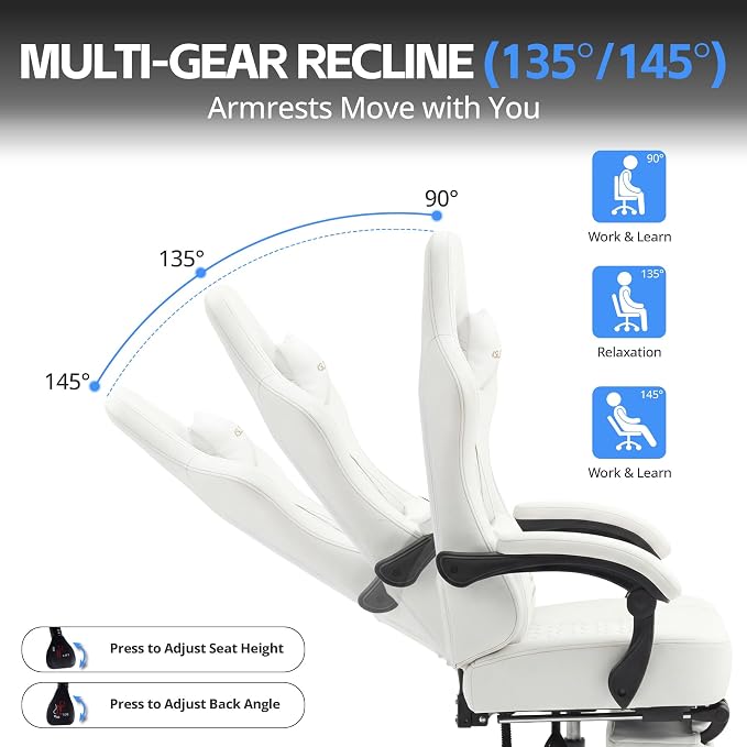 Desk Computer Gaming Chair - Ergonomic Game Office Chair with Extended Footrest and Massage Lumbar Support, Home Gamer Video Game Chairs with Spring Cushion for Adults (Pro White Leather) - Image 6