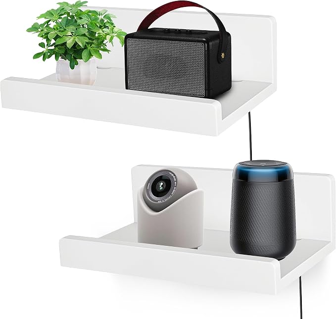 Floating Wall Shelves Set of 2, 12-Inch Solid Wood Shelves with Cable Holes, Small Display Shelf for Router, Webcam, Smart Speaker, Camera – White by Unknown