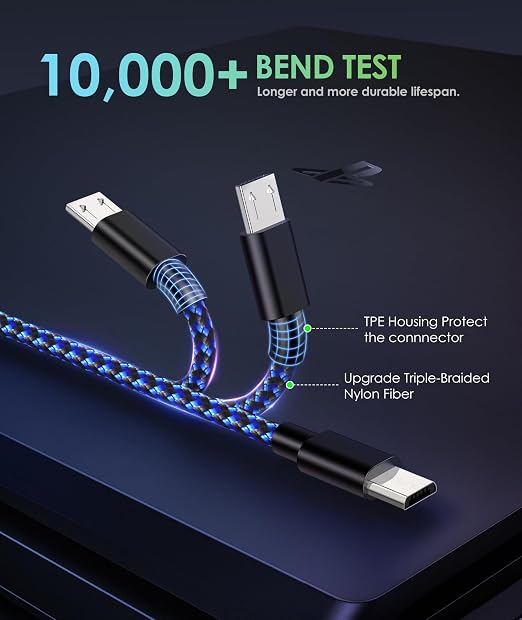 6amLifestyle PS4 Charger Cable, 10ft 2 Pack Micro USB Cable, Nylon Braided Cord, for PS4 Slim/Pro, Xbox One S/X Controller, Micro Ports Accessories Kit, Blue - Image 3