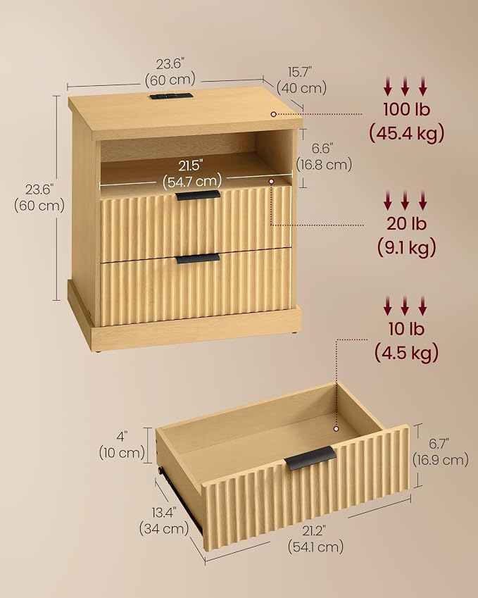VASAGLE Set of 2 Nightstands with Charging Station, 2 Drawers, Open Shelf - Image 3