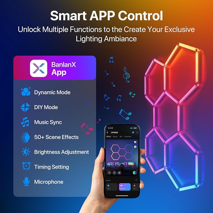 HYPERLITE Hexagon Garage Lights: Gen-IV 5 Grid RGB Hexagon LED Lights with Music Sync Mode, App & Remote Control, Multi-Color Honeycomb Light for Gaming Room, Gym, Garage - Image 3