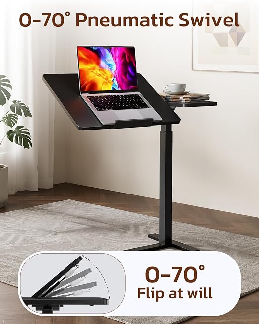 Simple Deluxe Standing Rolling Desk with Hidden Casters, Height Adjustable Pneumatic Mobile Laptop Desk, Tilting Bedside Table for Laptop, Overbed Bedside Table Hospital Home Use, Black - Image 7