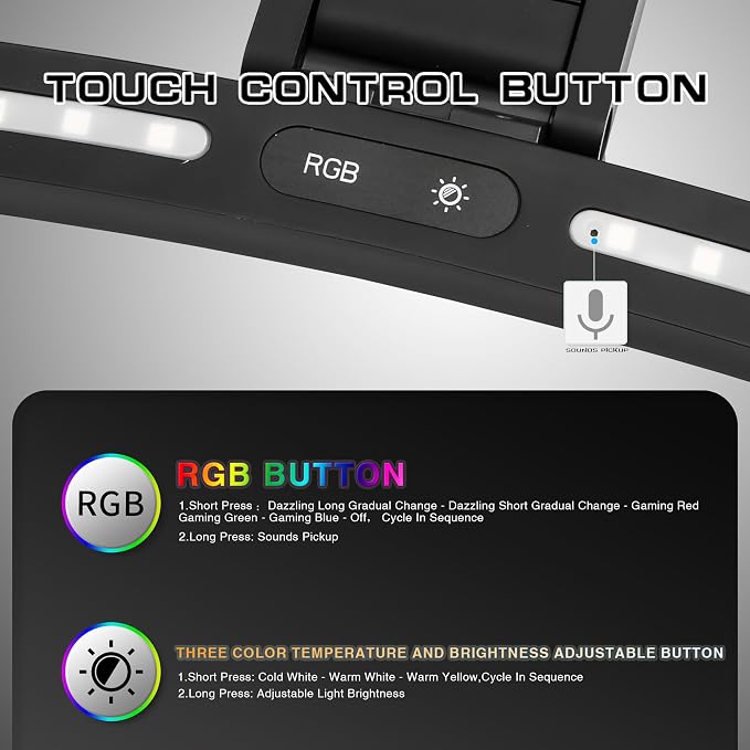 Curved Monitor Light Bar with RGB Backlight, 3 Color Temperature and Stepless Dimming, Music Sync LED Screen Strip with Touch Control Buttons for Computer Screens - Image 5