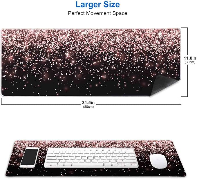 IMAYONDIA Gaming Mouse Pad, Large Non-Slip Rubber Base Mousepad with Stitched Edges, Keyboard Mouse Mat Desk Pad for Work, Game, Office, 31.5x11.8 Inch - Rose Gold Black Glitter Luxury - Image 2