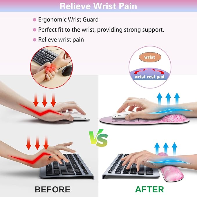 Mouse Pad with Wrist Rest Set Pink, 3-in-1 Wrist Support Mousepad Set,Gaming Mat Pad with Anti-Skid Base,Ergonomic Mouse Pad,Memory Foam Keyboard Gel Wrist Rest - Image 3