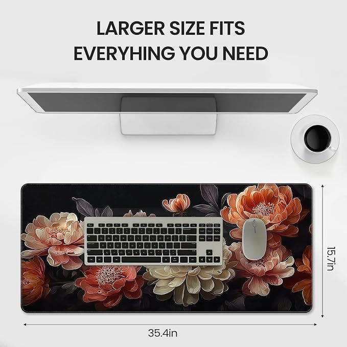 Extended Mouse Pad, Elegant Peony Floral Design, 35.4 x 15.7 Inch, Microfiber Surface, Non-Slip Base, Waterproof, Black with Coral and Cream Flowers - Image 6