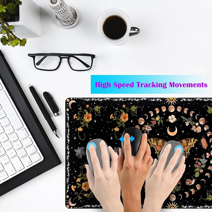 Moth Desk Pad Mushroom Phase Moon Phase Desk Mat, Boho Flowers and Leaves Computer Big Mouse Pad Washable Cloth Non-Slip Rubber Base Keyboard Pad Mouse Mat for Office with Stitched Eges 31.5x15.7 in - Image 3