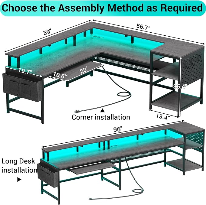 SEDETA L Shaped Gaming Desk, Convertible 96" Home Office Desk or Corner Desk, L Shaped Table with Power Outlets & LED Strip, Monitor Stand, Keyboard Tray, Pegboard and Storage Shelves, Grey - Image 9