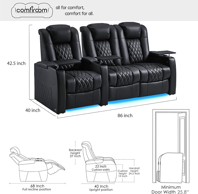 comfiroom Top-Grain Leather Home Theater Seating, Dual-Motor Power Recliner - Image 2