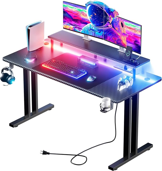 HLDIRECT 63 Inch Gaming Desk with LED Lights & Cable Management, Black by HLDIRECT