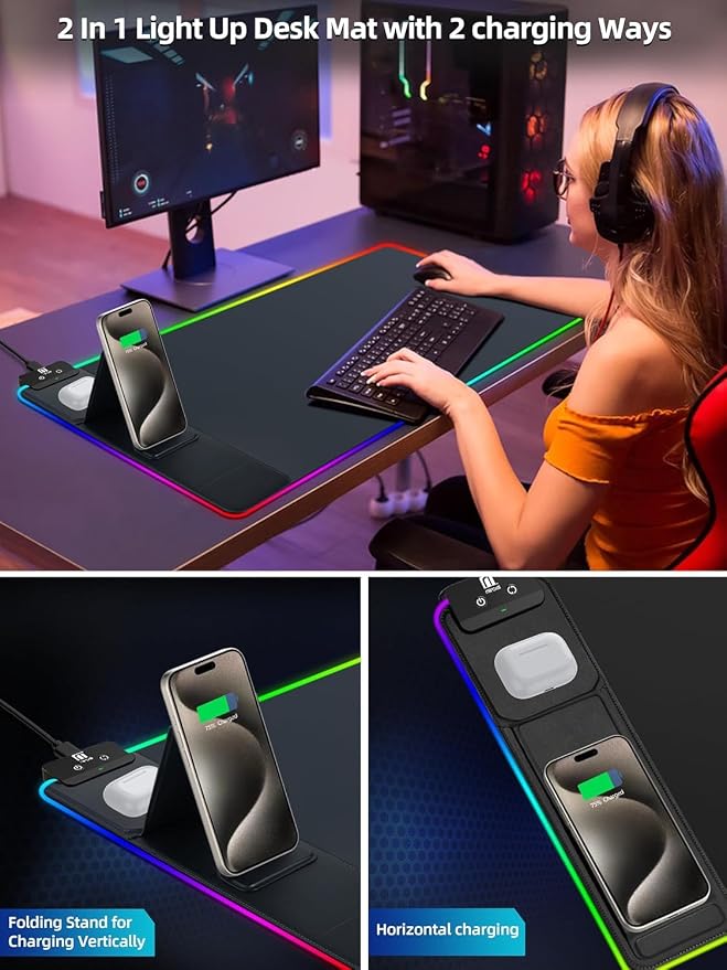 XXL Mouse Pad with Phone Holder - Black, RGB Desk Mat with 15W Fast Charging, LED Gaming Mousepad with 11 Light Colors, Waterproof Non-Slip Pad for Office & Home (Black with PD Adapter) - Image 3