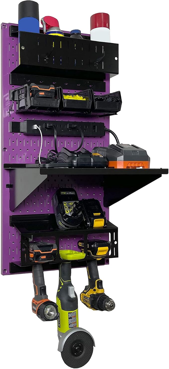Wall Control Power Tool Storage Organizer Kit Cordless Drill Holder Charging Station Rack 16” x 32” Metal Pegboard Organization System (Purple Pegboard) - Image 3