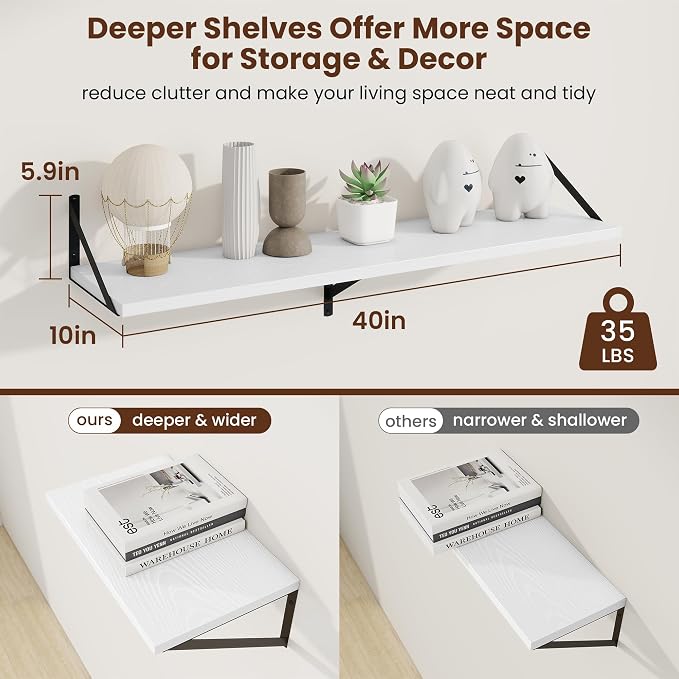 Axeman Deep Floating Shelves, 40'' x 10'' White Wall Shelves Set of 2 - Image 3