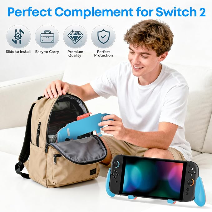 OIVO Grip Compatible with Nintendo Switch 2, Switch 2 Ergonomic Grip Case with Adjustable Stand, Comfort Game Accessories with 5 Game Card Slots and 4 Thumb Caps, Blue Orange - Image 7