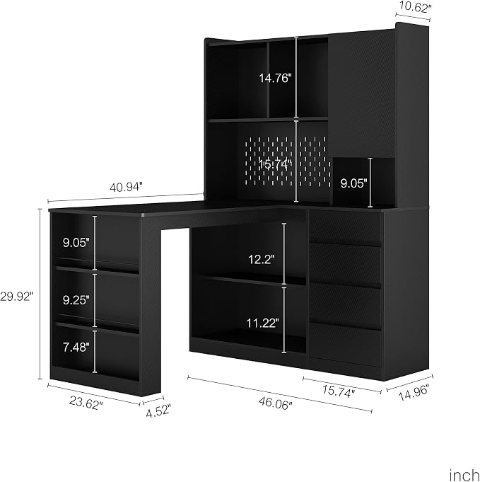 KEIKI L Shaped Home Office Desks with LED Light, Pegboard, Hutch, Drawers, Bookshelf & Storage Shelves, Modern Wooden Gaming Computer Corner Table for Work, Study, Writing - Image 3