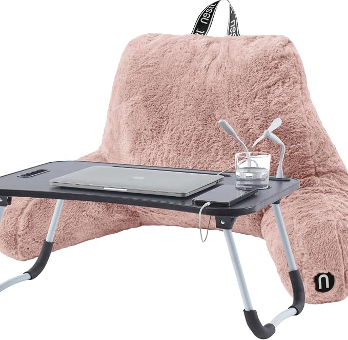 Nestl Fur Reading Pillow with Laptop Lap Desk, Stylish Back Pillow for Sitting Up, Lap Desk with Reading Pillows for Sitting in Bed Adult & Kids, Faux Fur Chair Pillow with Arms - Peach Beige by Nestl