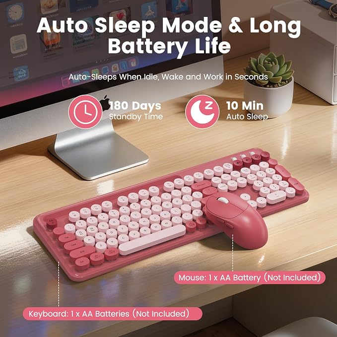 Wireless Keyboard and Mouse Combo, Retro Round Keycaps, Full-Size Stylish Typewriter Keyboard with Large Phone/Tablet Holder, 3-Level DPI Ergonomic Mouse, 2.4GHz Cordless for Windows PC, Rose Pink - Image 4