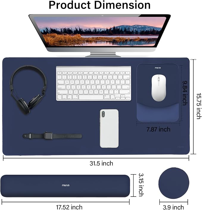 MOSISO Keyboard Mouse Pad Set, Large Gaming Mouse Pad&Keyboard Wrist Rest | Rectangular Mousepad with Wrist Rest&Coaster, Ergonomic Non-Slip&Easy Typing Pad with Curved Silicone Lining, Navy Blue - Image 2