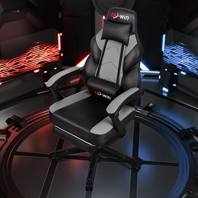 DL-win Gaming Chairs for Adults, Computer Chair with Footrest and High Back, Big and Tall Gamer Chair's with Massage Lumbar Support, 360° Swivel Height Adjustable Gaming Chair, Grey - Image 2