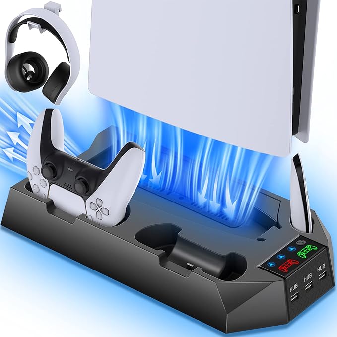 PS5/PS5 Slim/PS5 Pro Stand and Cooling Station with Dual Controller Charging Station for PlayStation 5 Console, PS5 Accessories Incl. Controller Charger, Cooling Fan, Headset Holder, 3 USB Hub, Black by Unknown