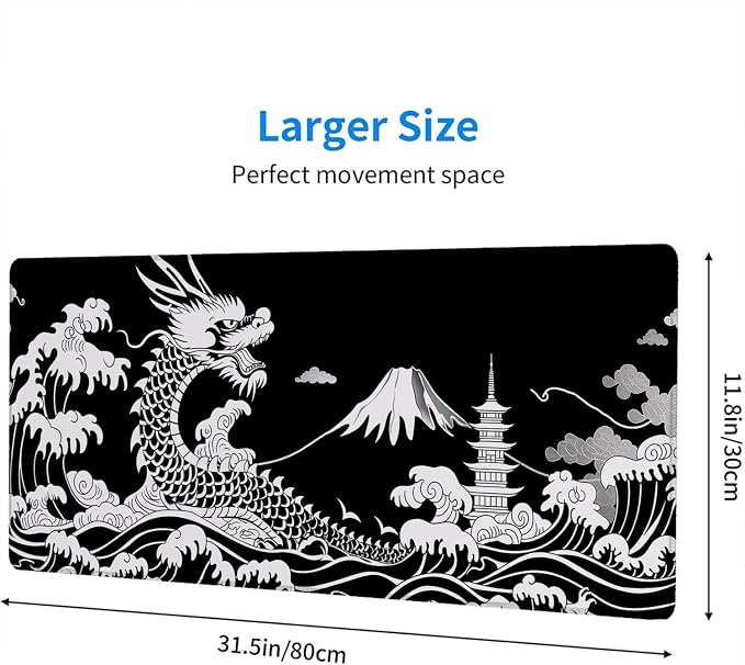 Dragon Desk Mat Gaming Mouse Pad Black White Japanese Sea Wave Extended Gaming Mouse Pad Mat with Stitched Edge Non-Slip Base Big Mouse Pad Office Computer Keyboard Laptop Home 31.5"x11.8" - Image 2
