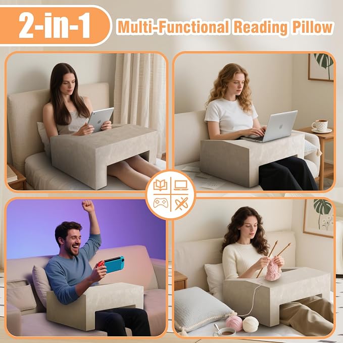 Reading Pillow for Adults, Supportive Lap Desk & Gaming Pillow for Bed, Couch, Floor, Simple Design with Ergonomic Arm Rest for Reading, Working, Gaming, Knitting 4 Color Options (Taupe) - Image 6