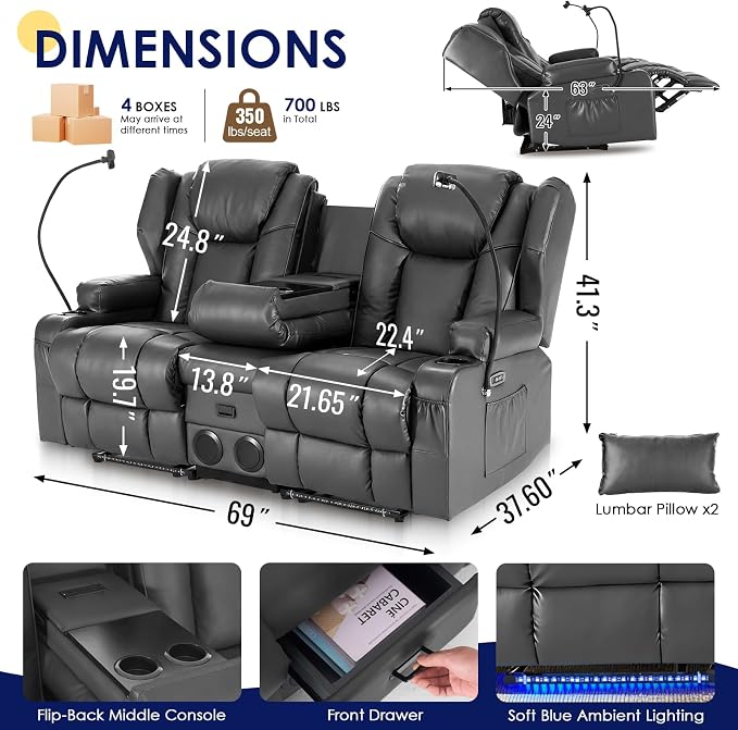 Redlife Power Loveseat Recliner Sofa with Console, Blue LED Lights - Image 3