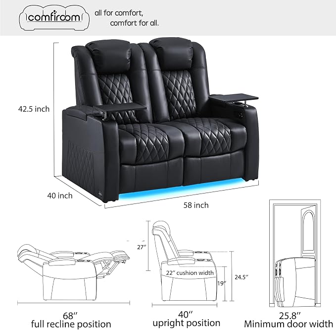 comfiroom Top-Grain Leather Home Theater Seating, Dual-Motor Power Recliner - Image 3
