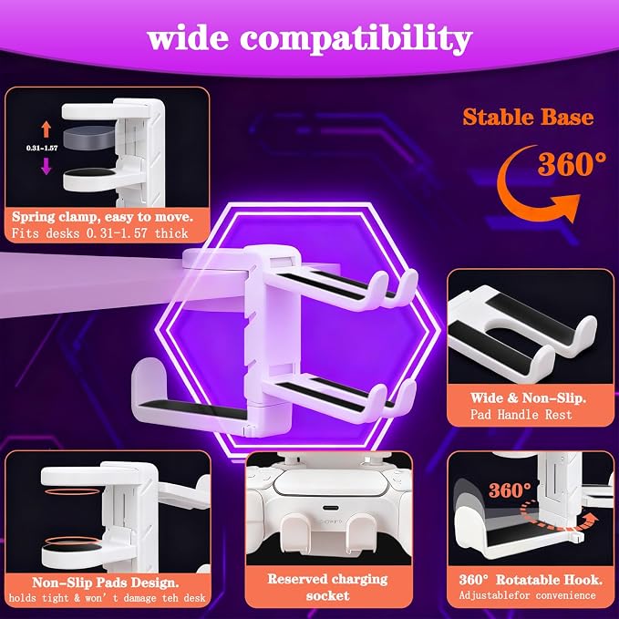 Rotatable Under Desk Headphone Hanger with 2 Controller Slots - 3-in-1 Gaming Accessory with Adjustable Clamp & Cable Organizer,for Home Gaming Xbox ps5 -White - Image 3