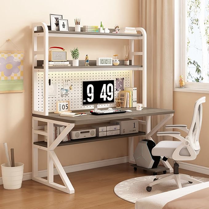 Gaming Desk with Pegboard, Industrial Gaming Desk PC Desk with Storage Shelves, Large Study Writing Workstation Table for Home Office(100x60x171cm, Gray) by Unknown