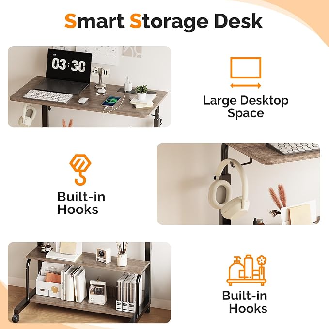 FCH 31.5" Mobile Small Standing Desk, Adjustable Height Mobile Computer Desk, w/2 AC Outlets + 3 USB Ports & Hooks, Storage Shelves, Suitable for Gaming, Studying, Home Office, Gray - Image 6