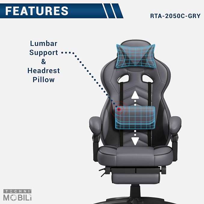 Techni Mobili Executive Gaming Chair with Footrest, 150° Reclining, Grey | PU leather chair, 150 degree recline, footrest, lumbar support, headrest pillow, executive office gaming chair, ergonomic - Image 8