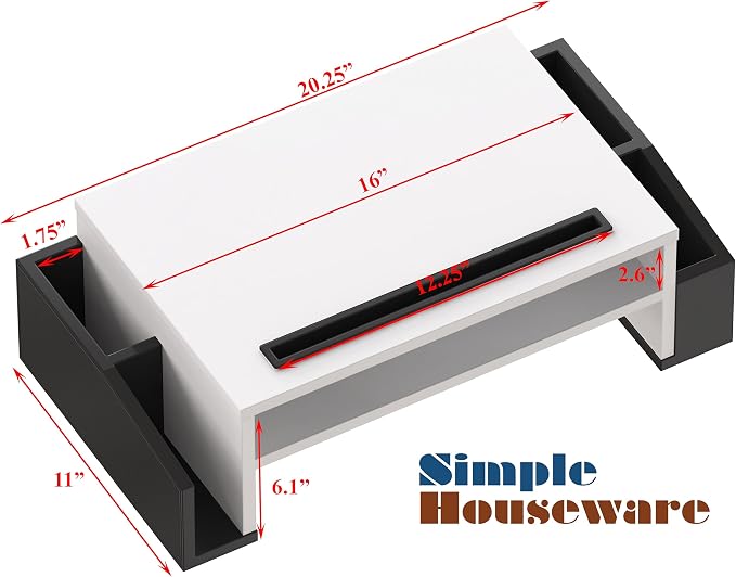 Simple Houseware Desk Monitor Stand Riser w/ Adjustable Tray, Black/White | Built-In Tablet Slot and Side Storage - Image 4