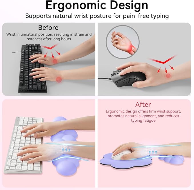 Sushret Cloud Wrist Rest for Computer Keyboard and Mouse Pad Set, Purple | Memory Foam, Leather, 4-in-1 Cloud Keyboard Wrist Rest Set with Ergonomic Support for Arm and Palm Cushion, Gaming/Work Setup - Image 3